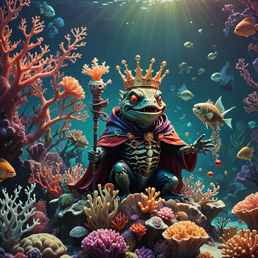 Piranha Vampire King on Coral Reef, Fantasy Art