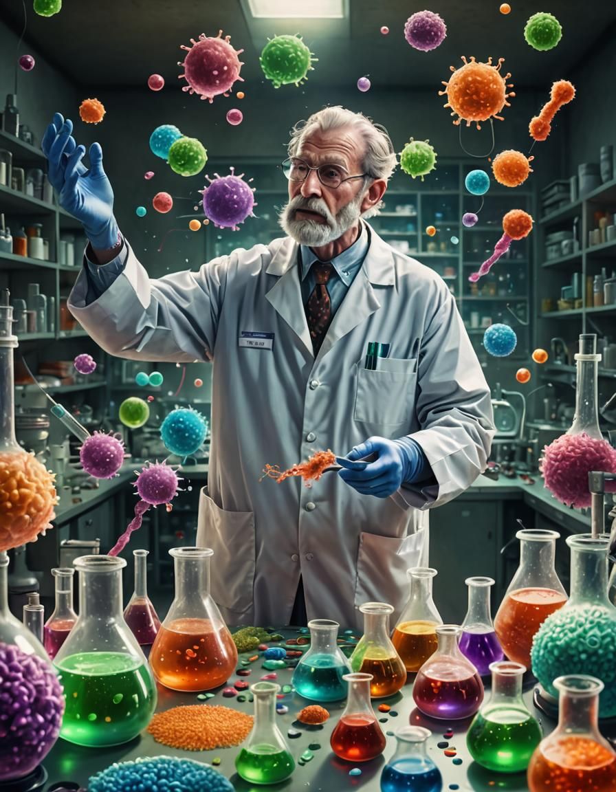 Scientist Juggling Bacteria: Microbiological Concept Art