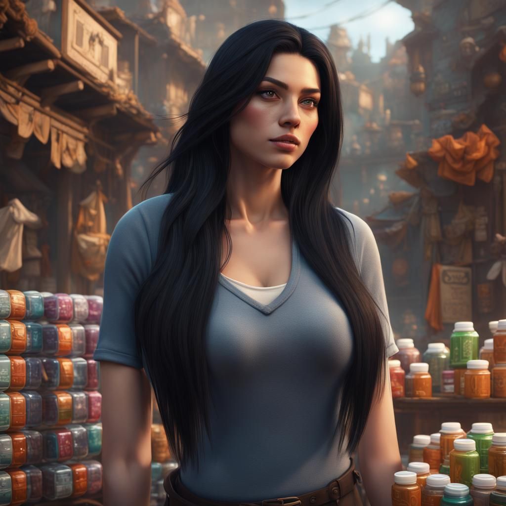 Woman Selling Weight Loss Capsules: Fantasy Concept Art
