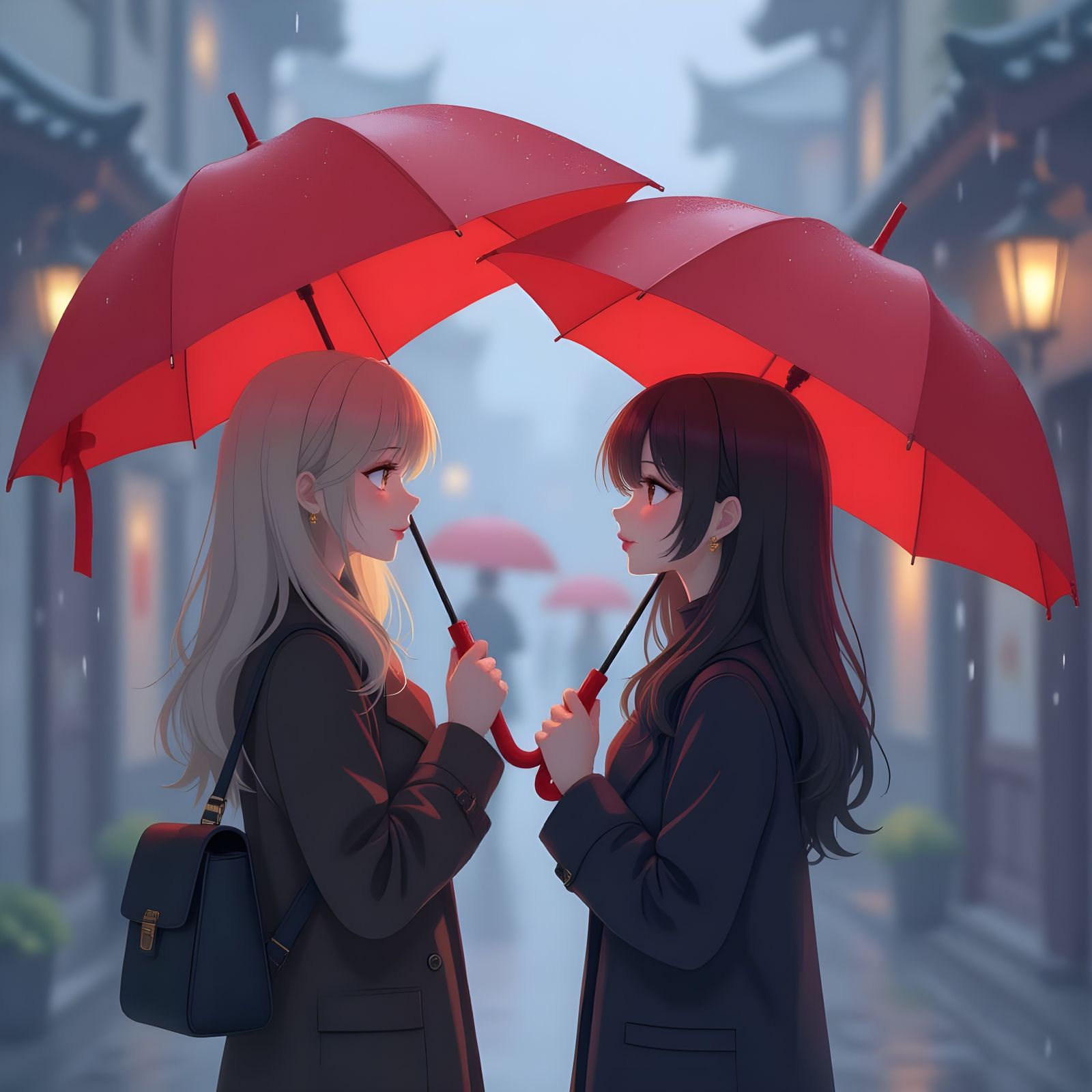 Two Women With Red Umbrellas in Misty Atmosphere