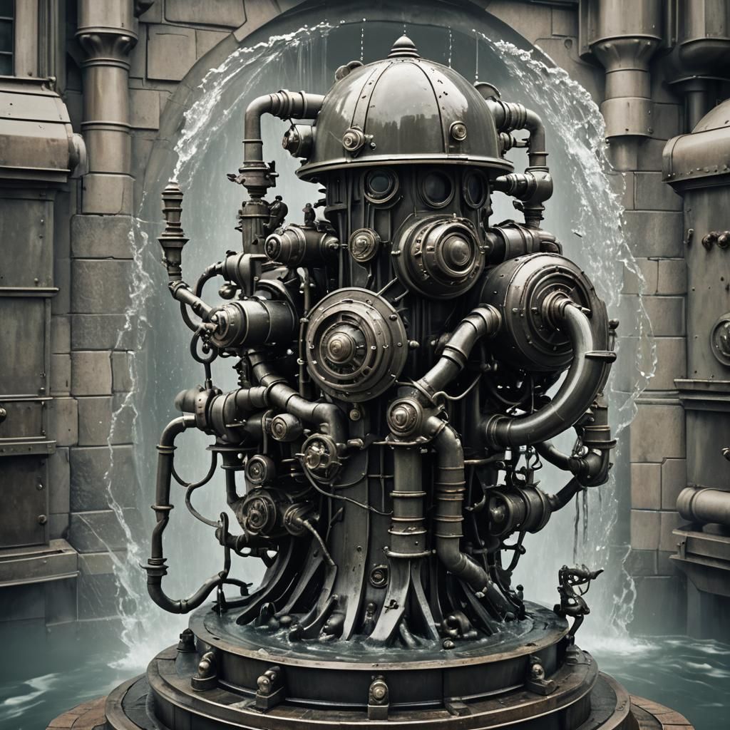 Dieselpunk Water Sculpture: Industrial Fluidity
