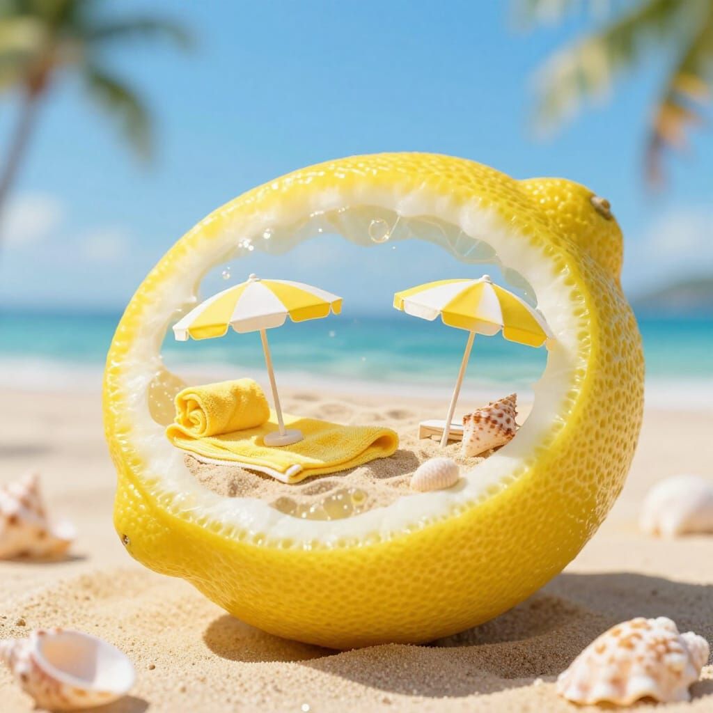 Photorealistic Lemon with Tropical Beach Scene