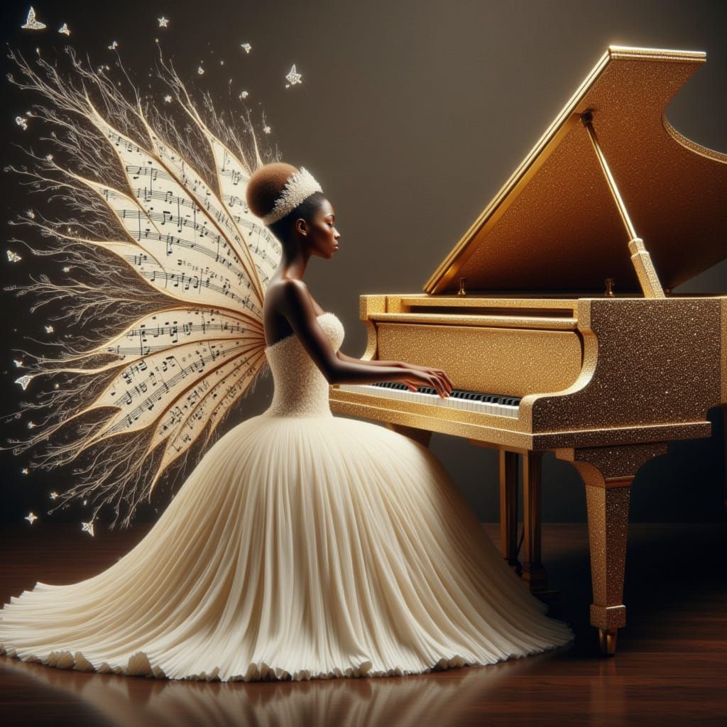 A fairy playing a baby grand piano that's bejeweled and covered with gold. <lora:PIANO FAIRY:1.0>