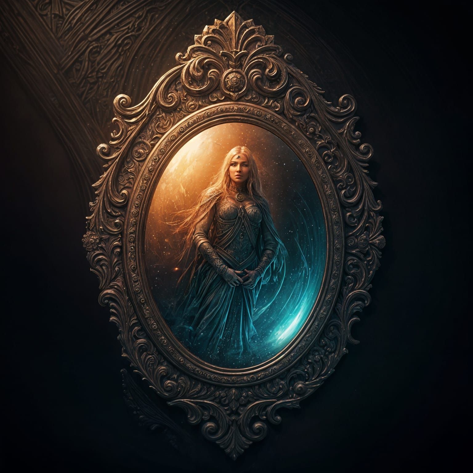 Mysterious Ancient Mirror Reflecting Ghostly Figures