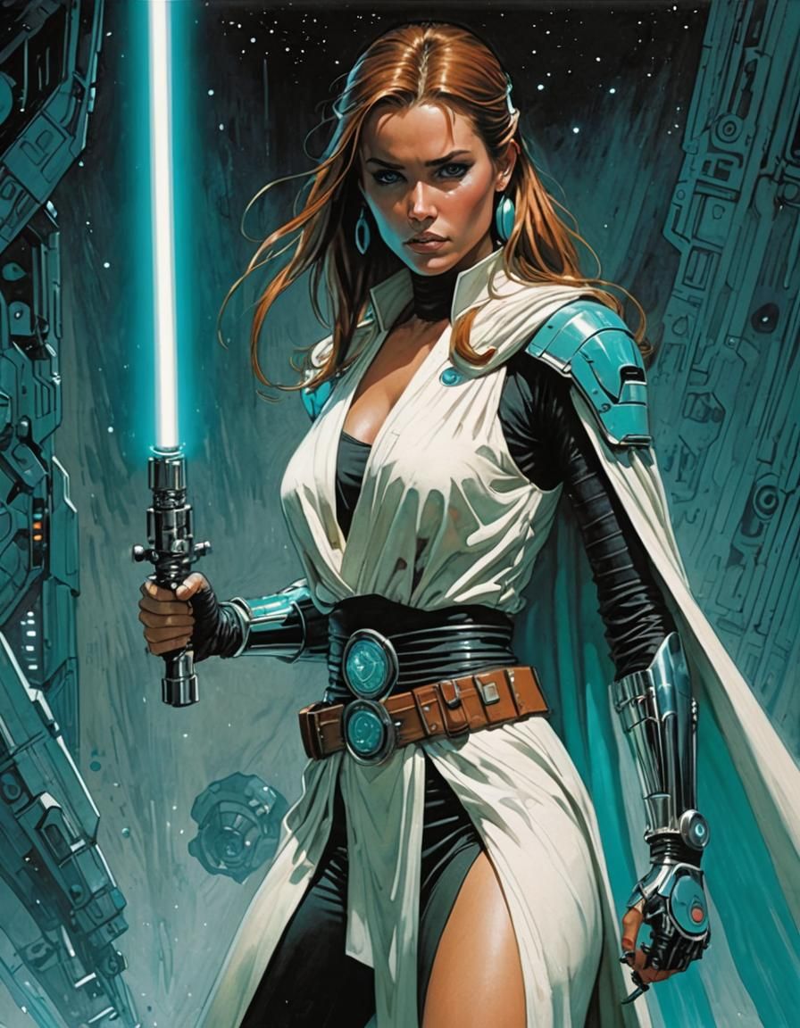 Female AI Jedi with Turquoise Lightsaber in Comic Art