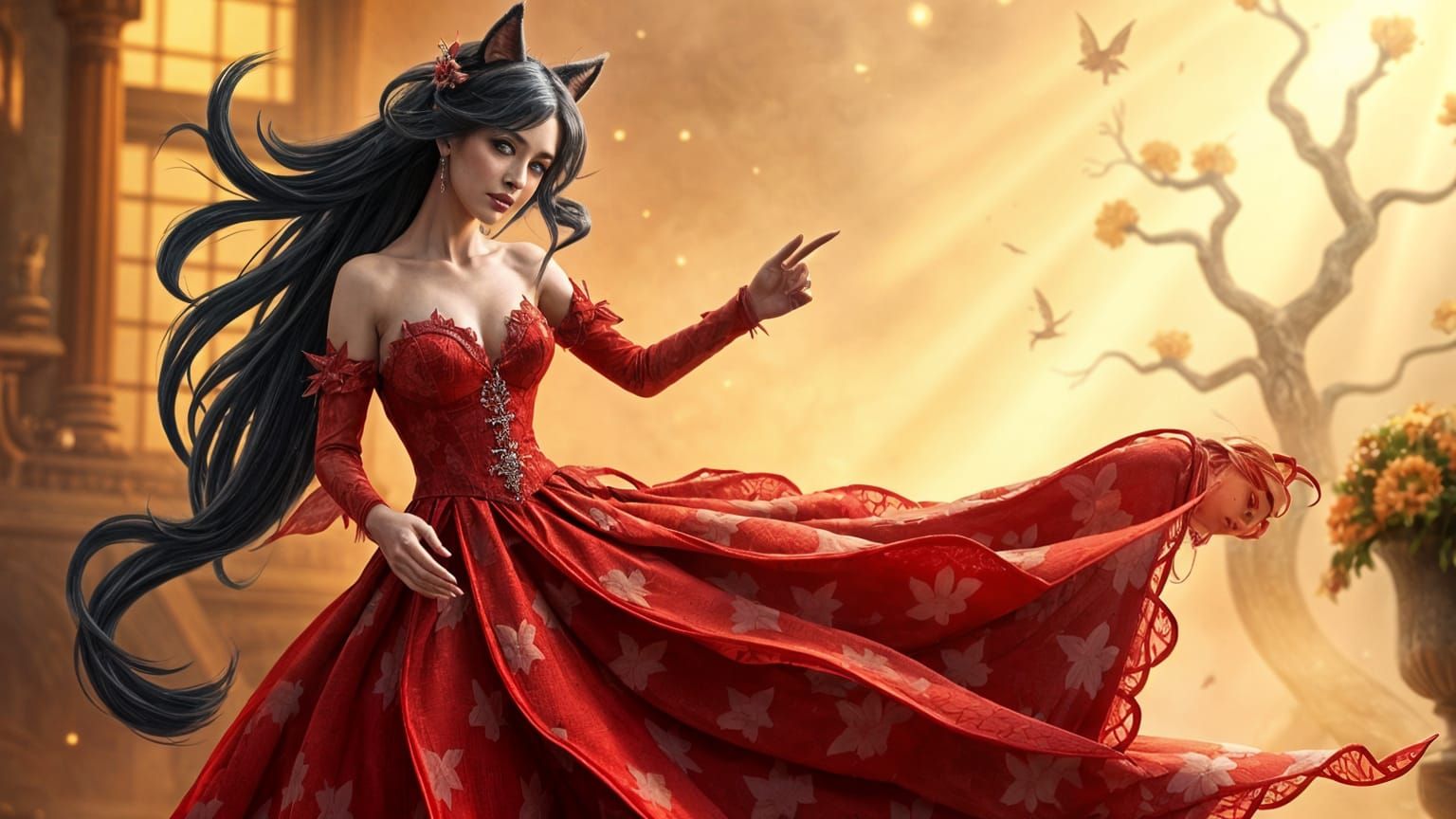 Mystical Kitsune Goddess Dances in Whimsical Fantasy Ballroo...