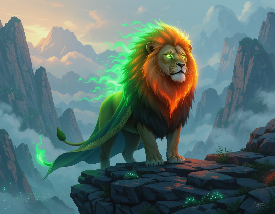 Majestic Lion with Flaming Mane and Bioluminescent Valley