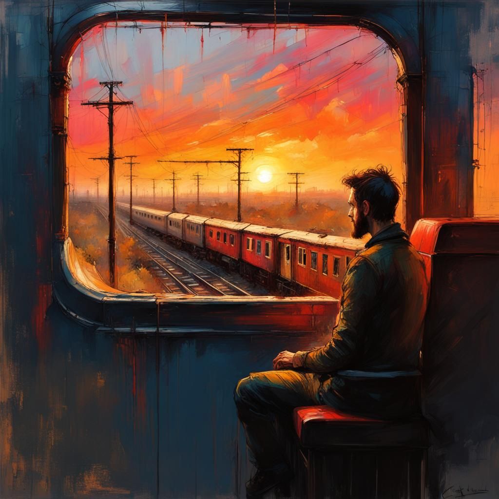 Man at Train Window in Colorful Digital Painting