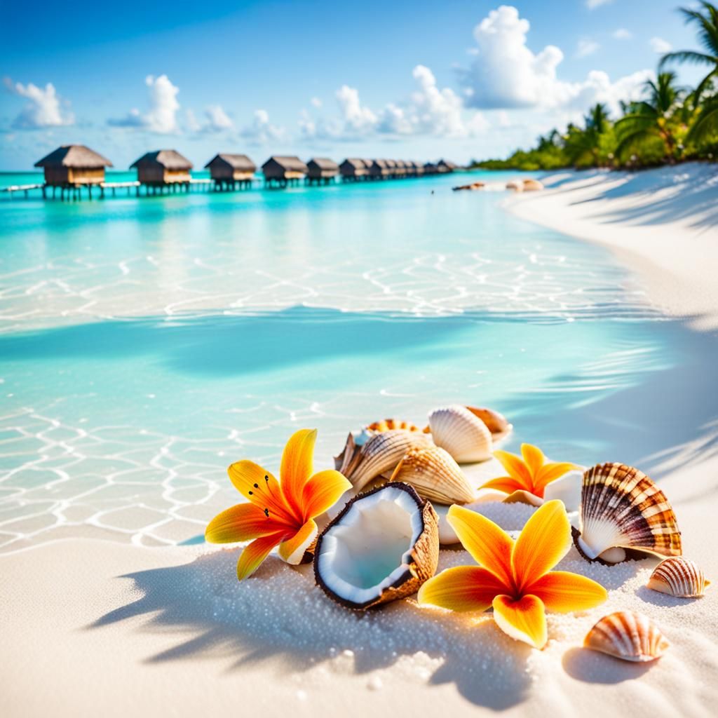 Tropical Beach Paradise with Flowers and Bungalows