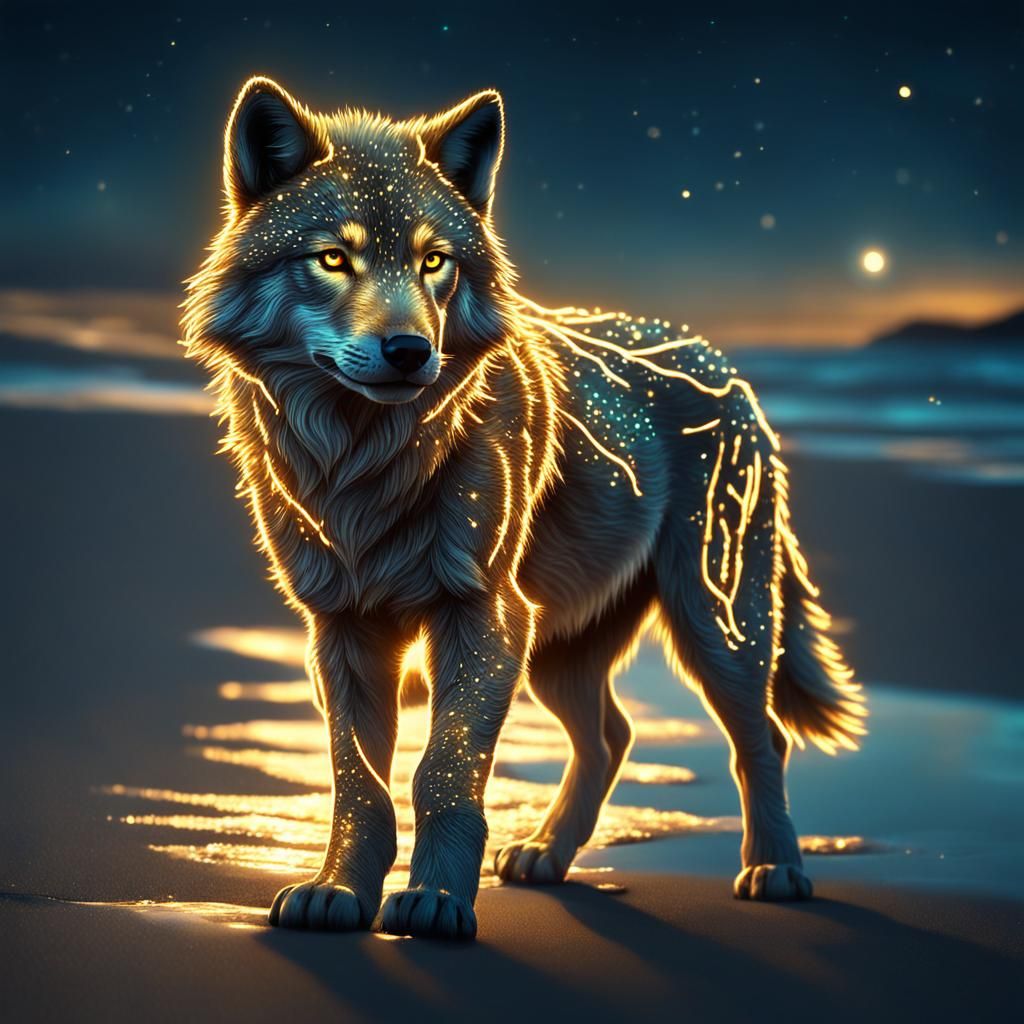 Golden Glittery Wolf Cub on a Glowing Beach