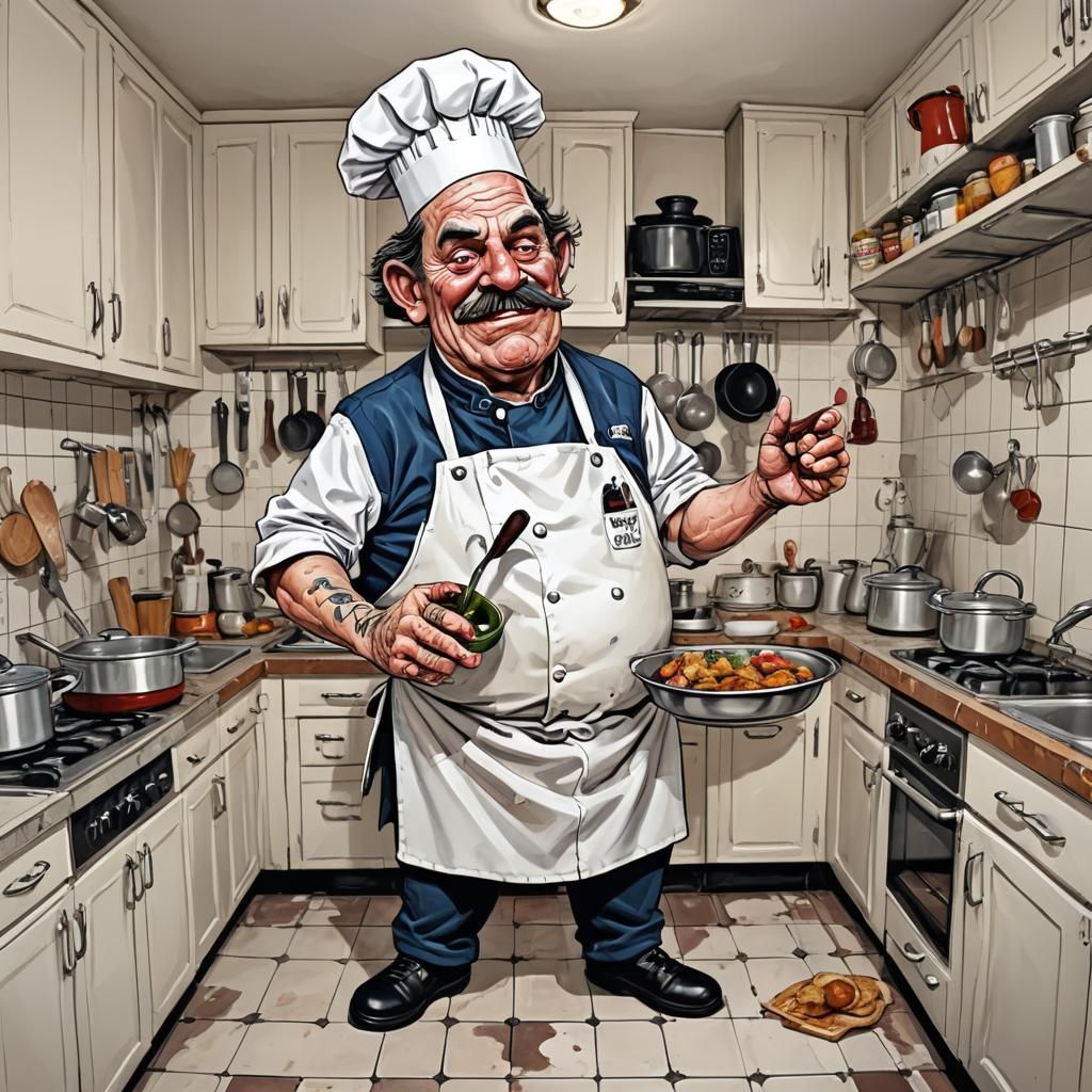 Humorous Caricature of a Disheveled Chef