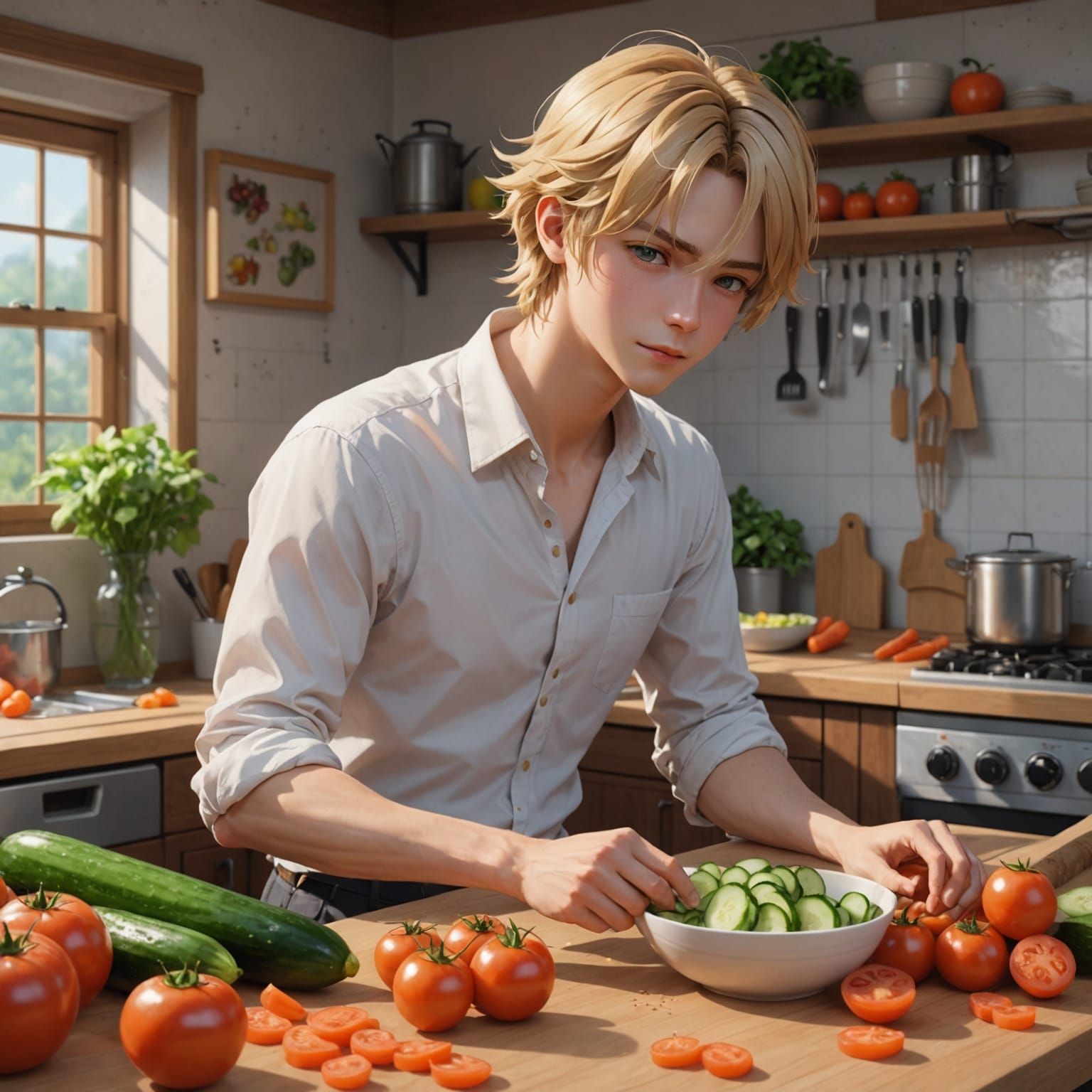 Attractive Anime Guy Prepares a Healthy Salad in a Vibrant K...