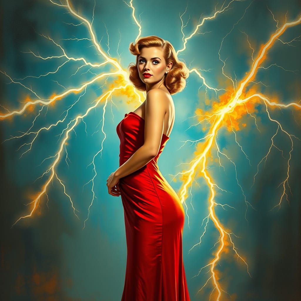 1950s Pin-Up with Lightning Overlay as Digital Art