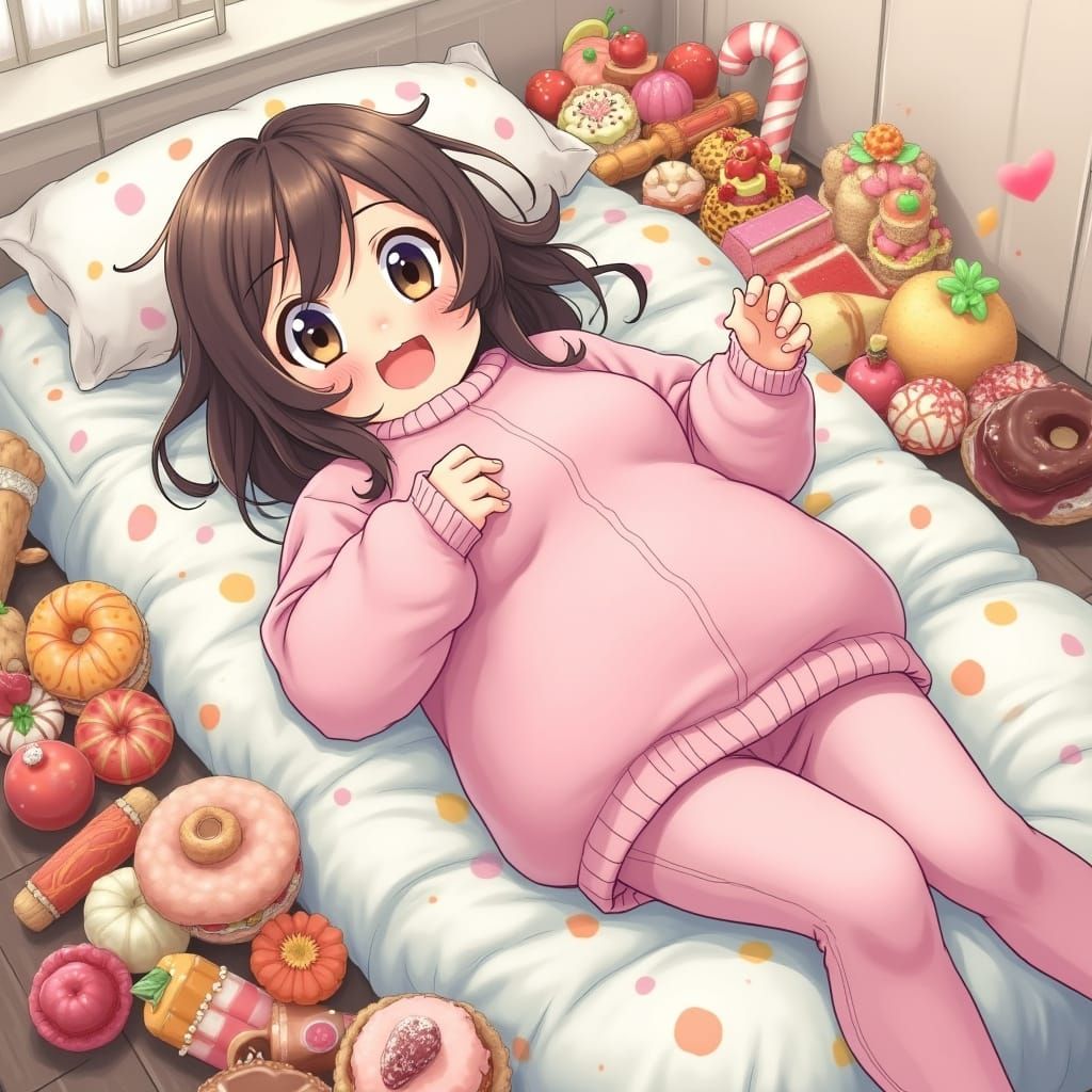 Adorable Chubby Anime Girl Indulges in Food Paradise