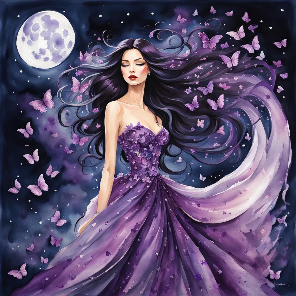 Woman in Butterfly Gown: Watercolor Artwork