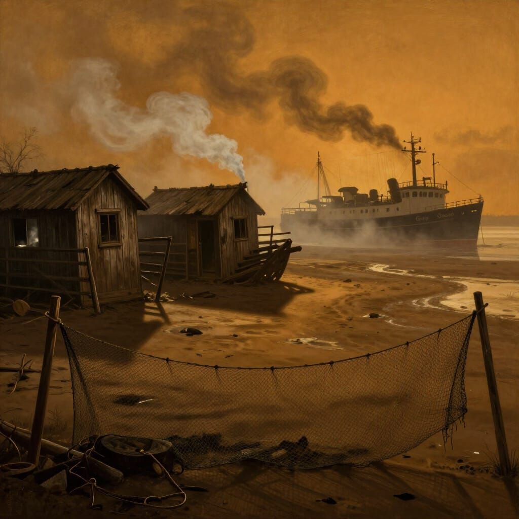 Overturned Ship-Houses on Muddy Shore in Golden Hour