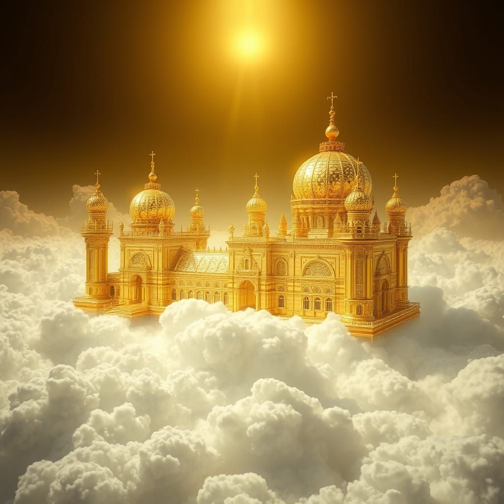 Opulent Golden Palace Floating Above Clouds in Digital Art S...