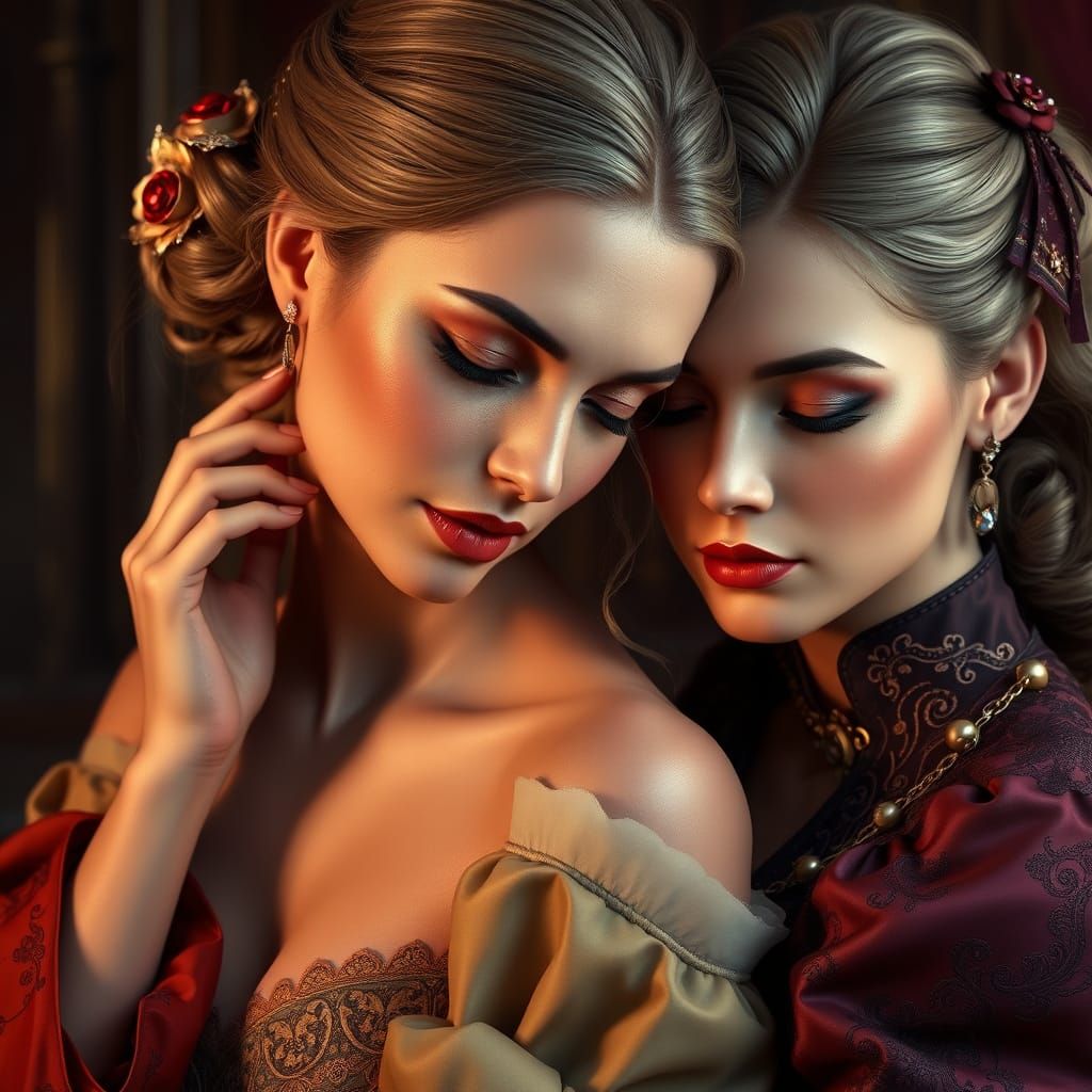 Women in Whimsical Gown, Tenderness in their Gaze