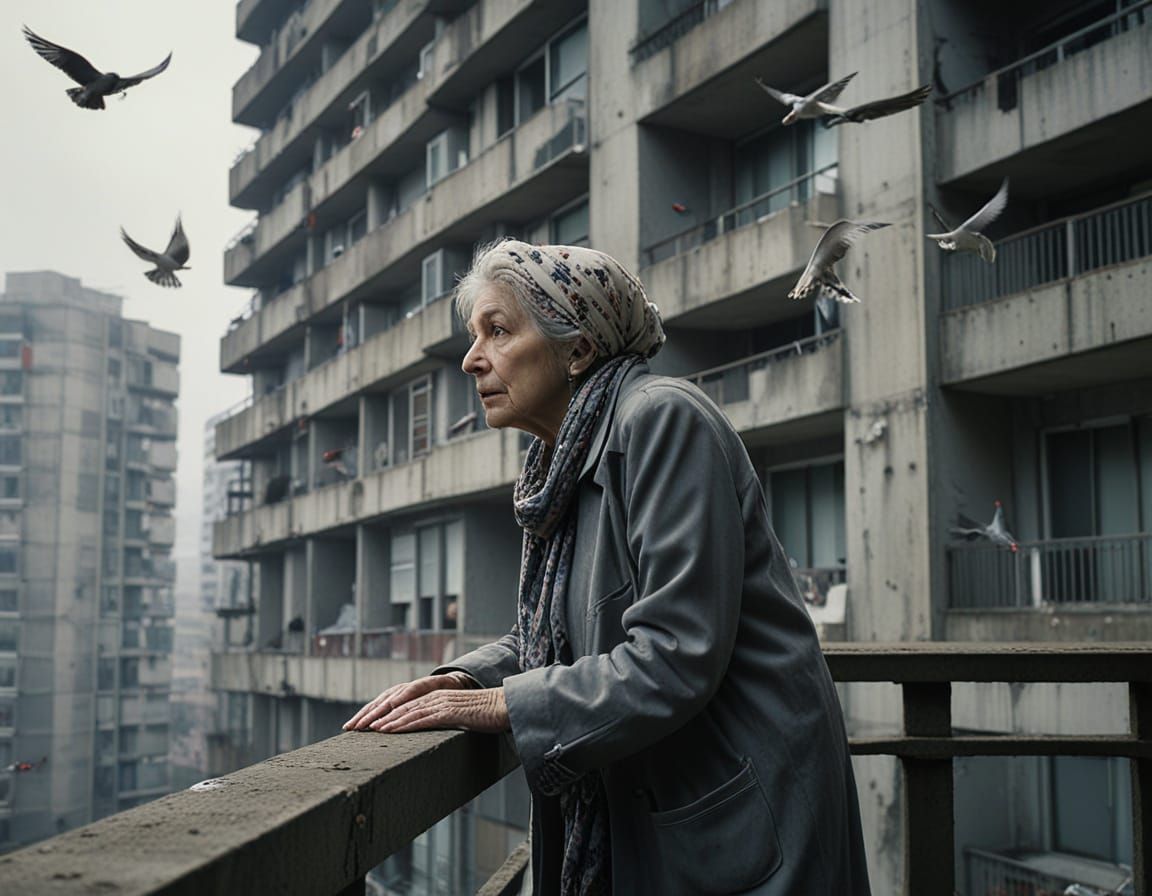 Elderly Woman on Balcony in Arthouse Realism Style