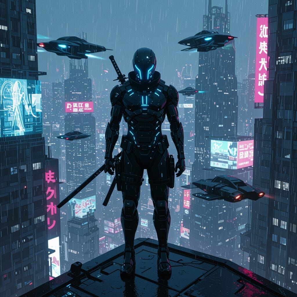 Cyborg Ninja Overlooking Noir Cyberpunk Cityscape