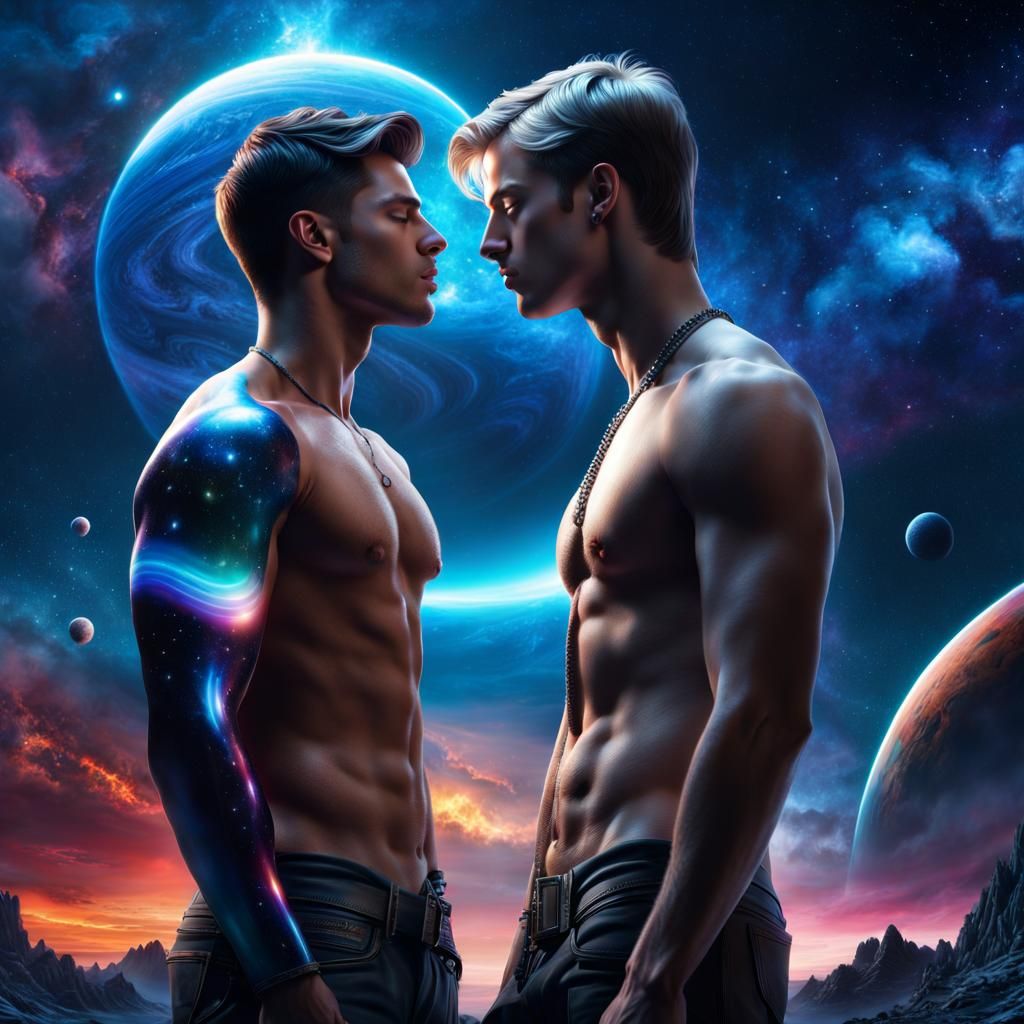 Gay Couple Kiss in Dramatic Space and Time