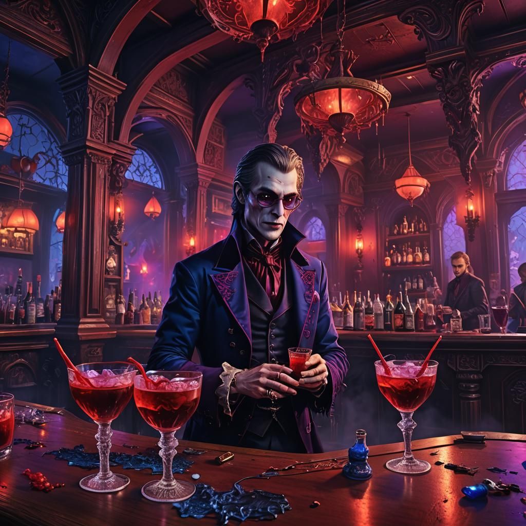 Vampires Enjoying Blood Cocktails in Neon Bar