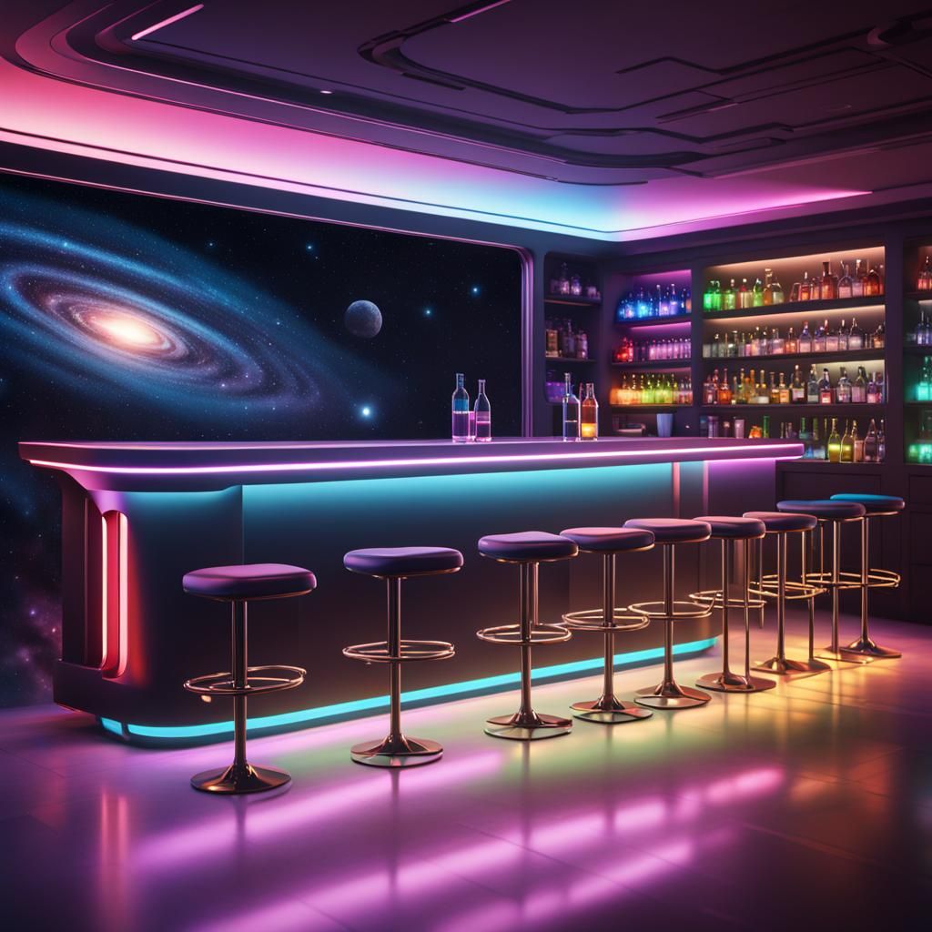 Futuristic Bar in Spaceship with Galaxy View