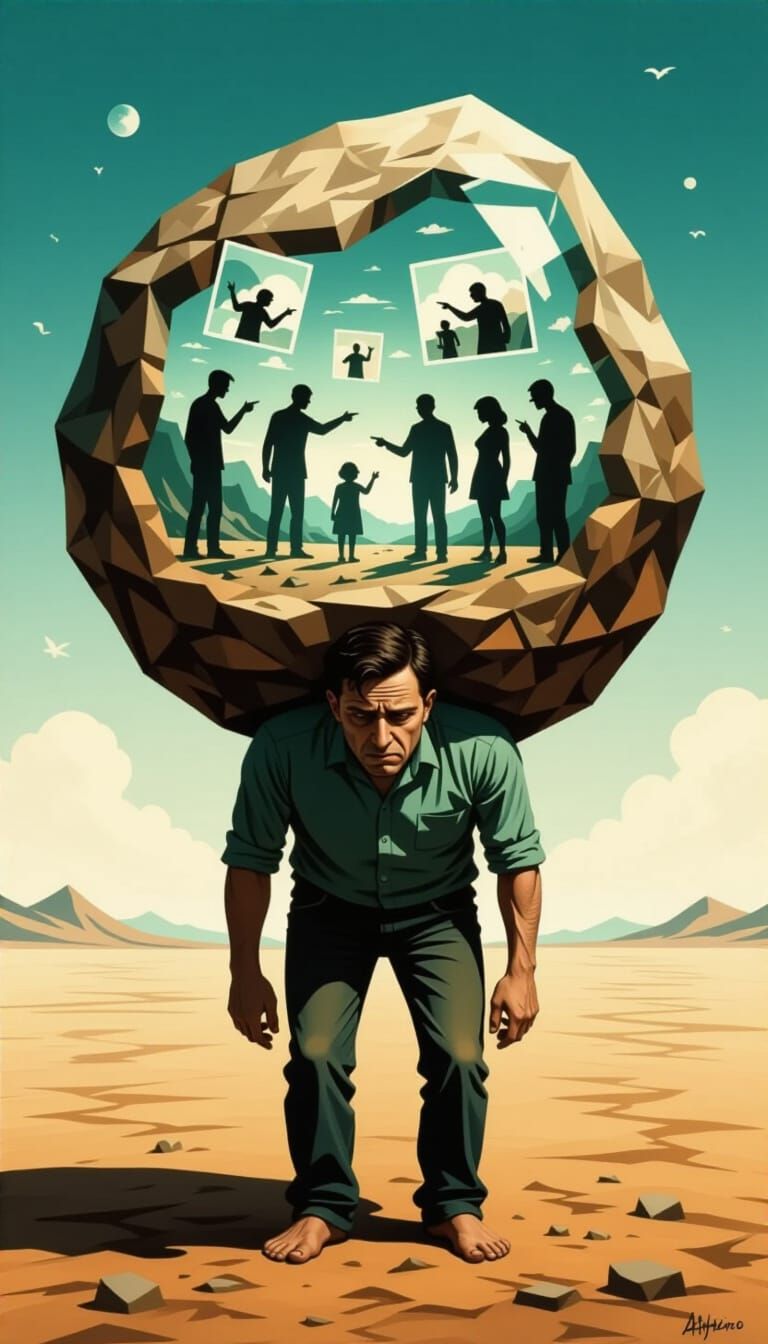 Man Carries Transparent Boulder of Regret in Surreal Landsca...