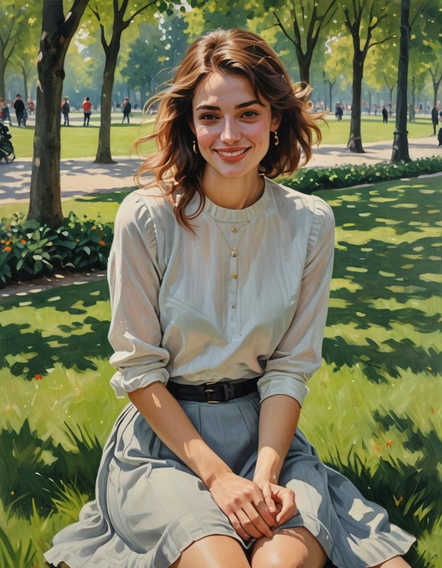 A gorgeous Young French woman in a top and skirt, shy smile, lounging On the grass in a park in Paris, oil on canvas, ha...