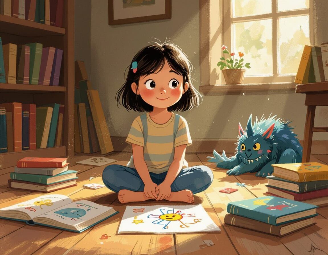 Girl Reading Books in Nostalgic Light, Children's Book Style