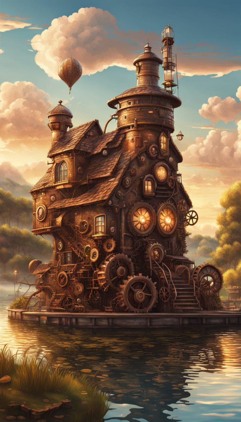 Steampunk Heart-Shaped Cottage by a Lake