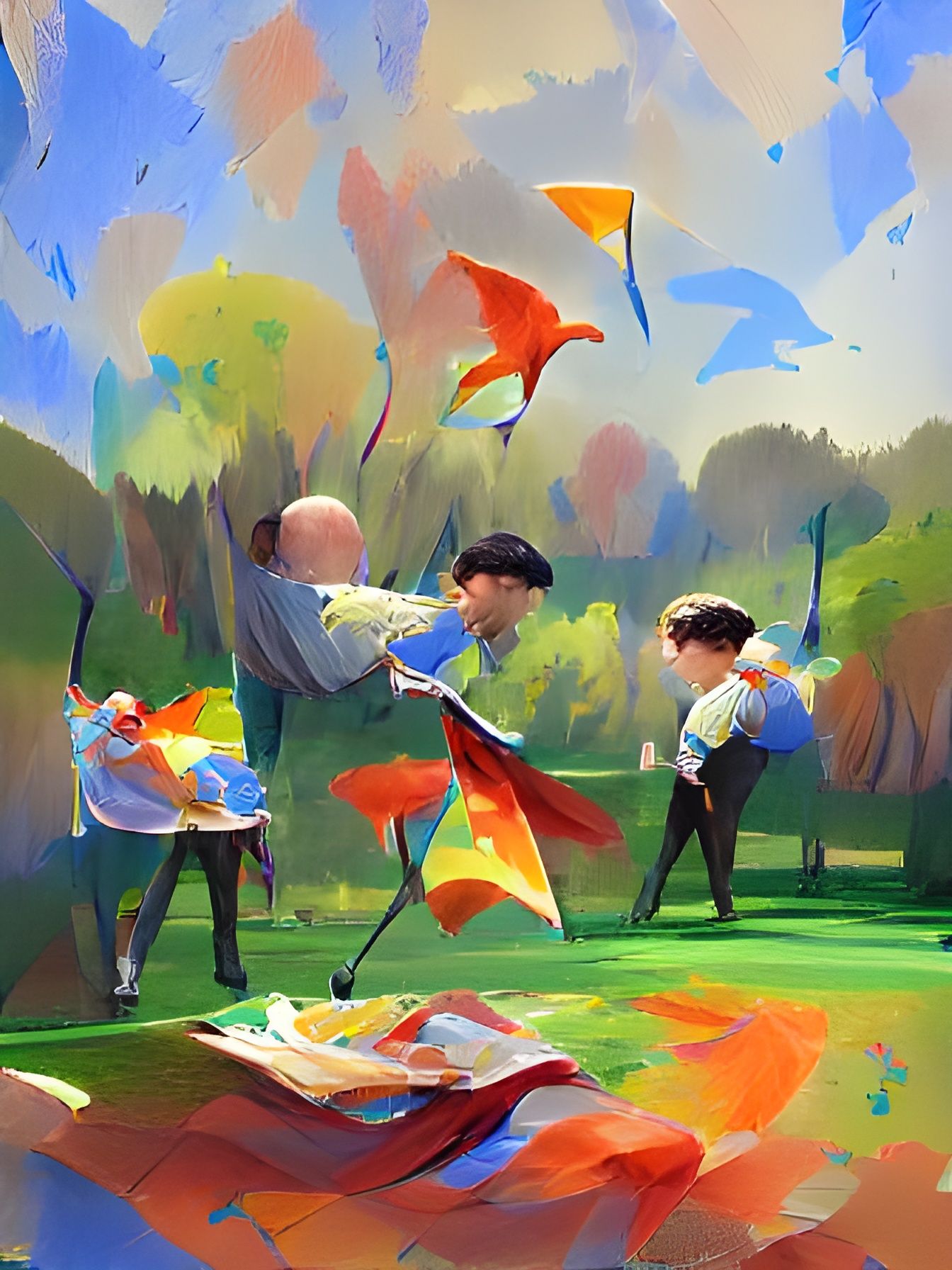 Colorful Kites in Park: Gouache Painting