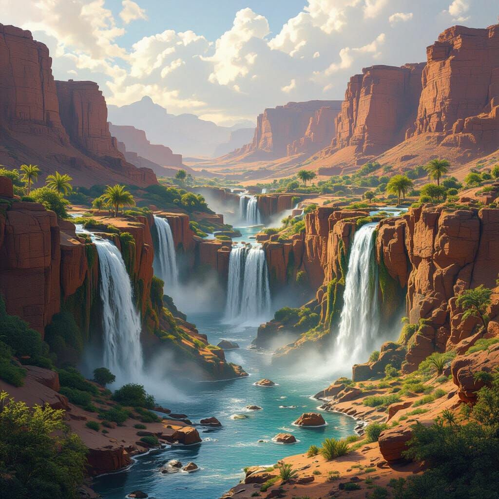 Desert Oasis: Waterfalls in a Matte Painting Style
