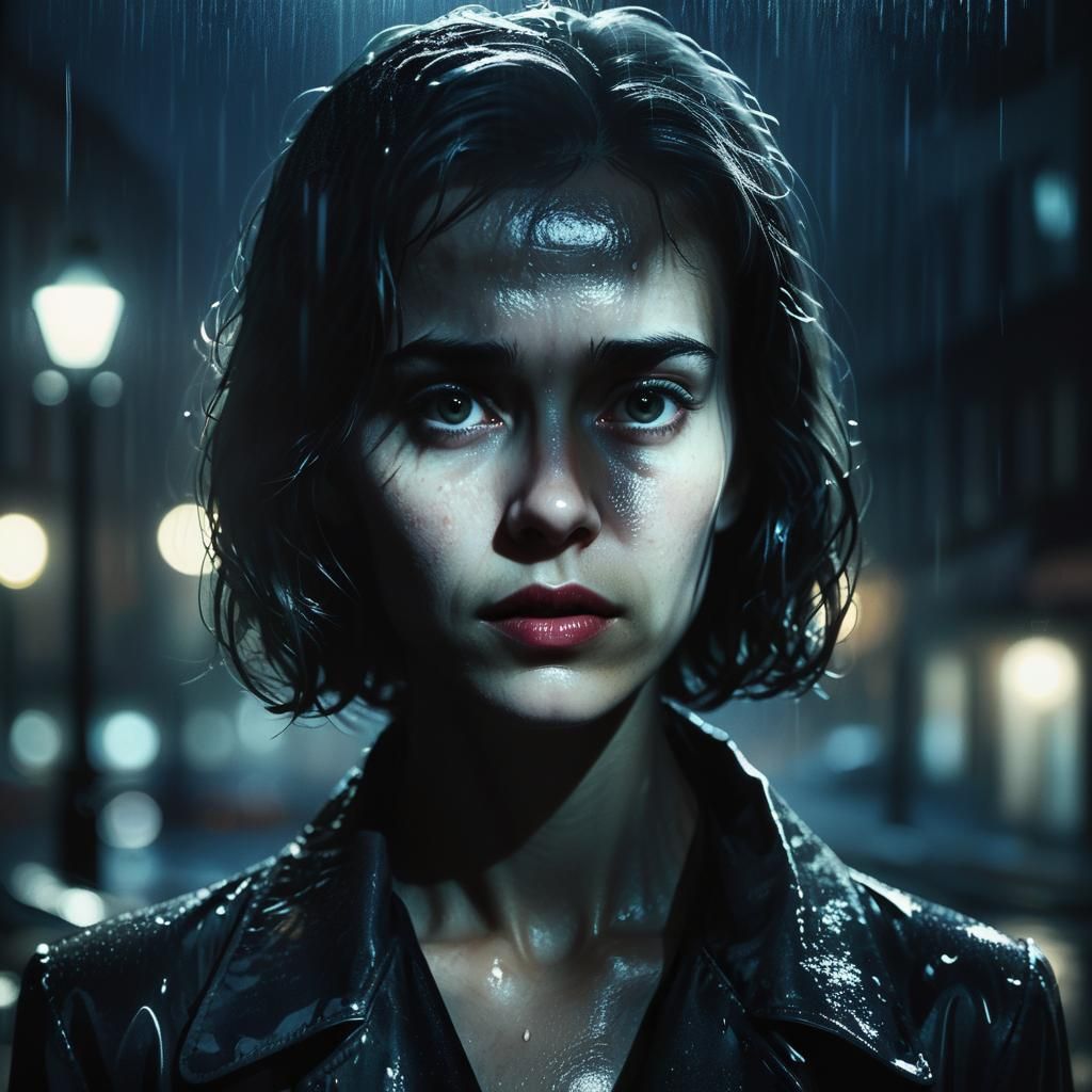 Dramatic Film Noir Portrait in Rainy City