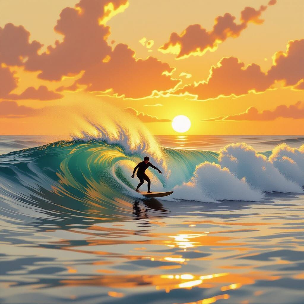 Golden Sunset Surfer on Breaking Wave