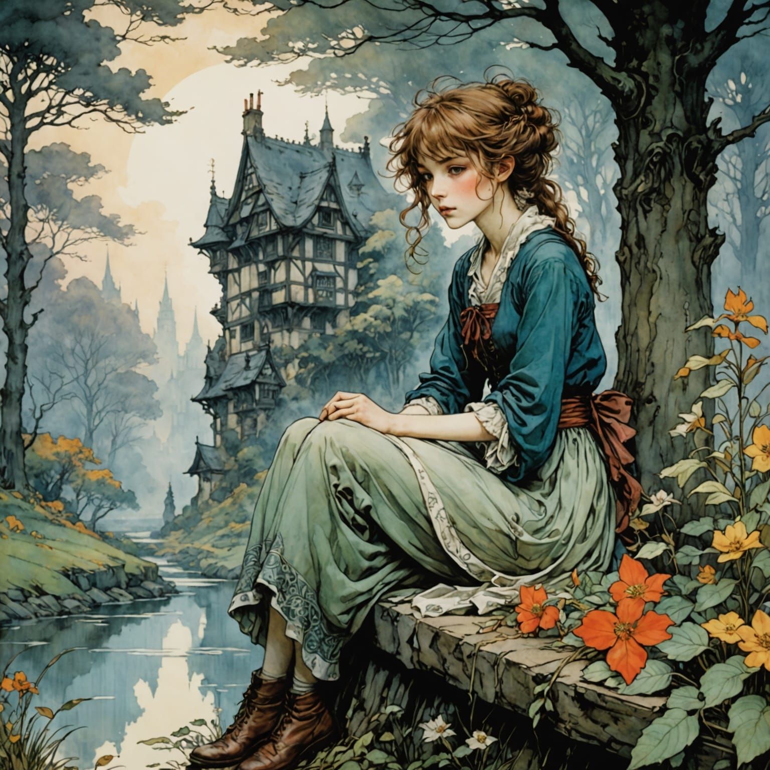 Dreamy Anime-Inspired Scene of a Girl by a Serene Pond