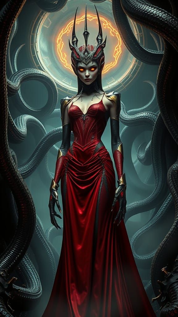 Biomechanical High Priestess in Dark, Shimmering Landscape