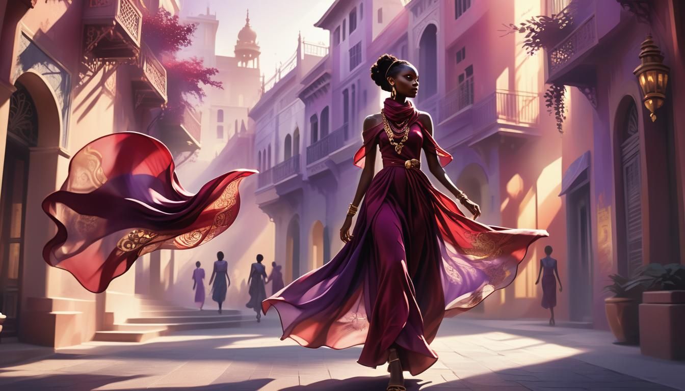 African Woman in Exotic City: Shadowplay Illustration