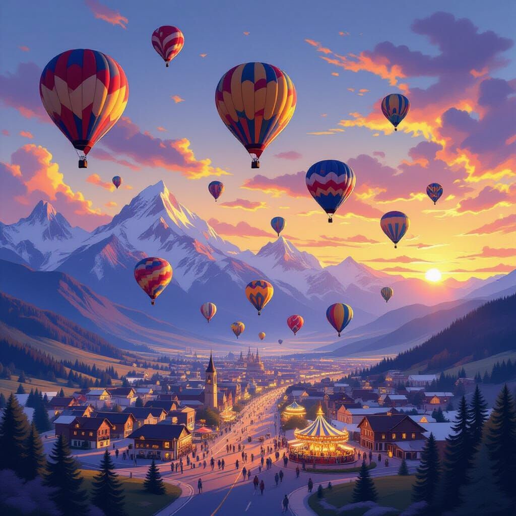 Vibrant Hot Air Balloons Over Mountain Town