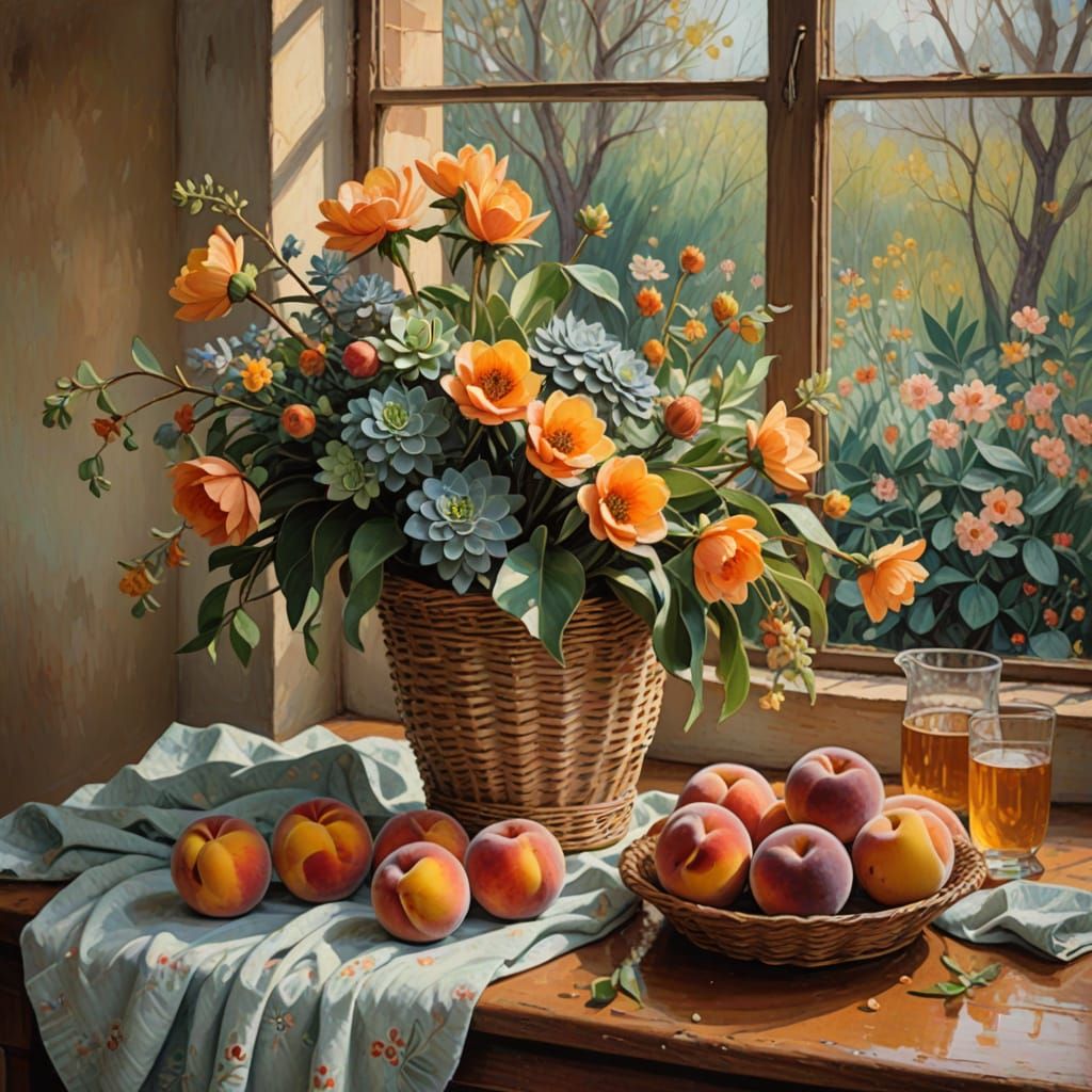 Dreamy Pastel Still Life with Peaches, Tea, and Flowers