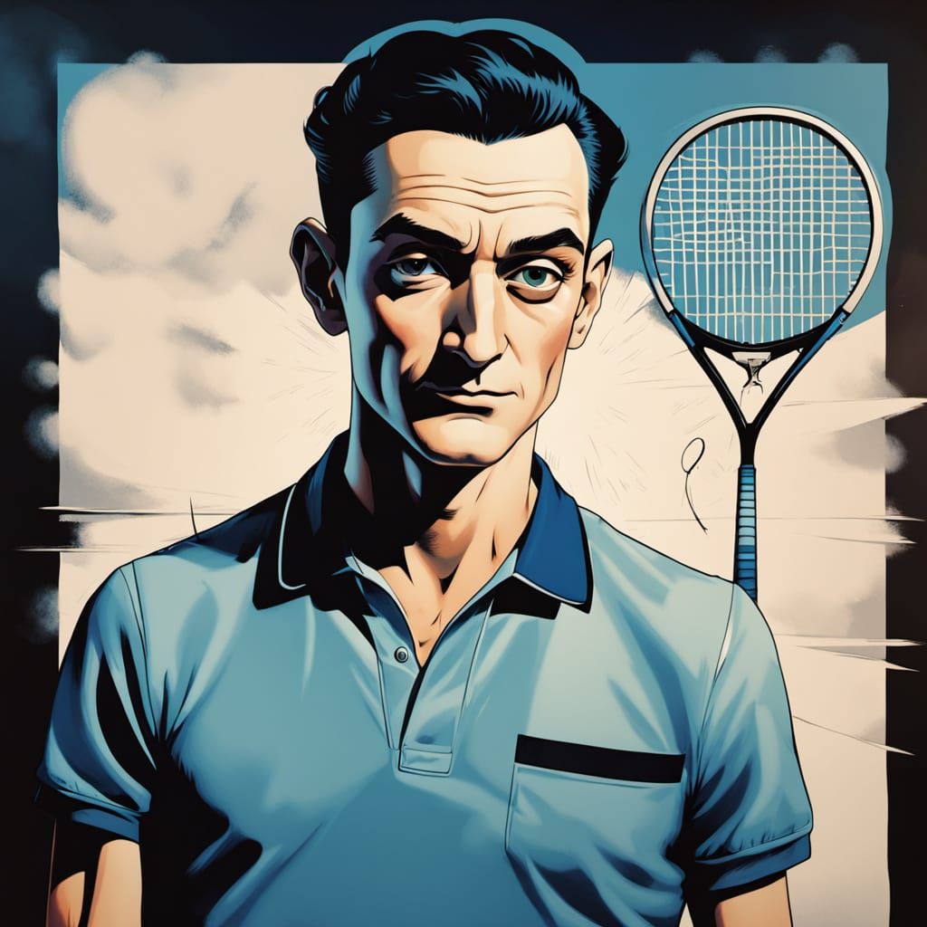 Confident Tennis Instructor in Hyper-Realistic Comic Book St...