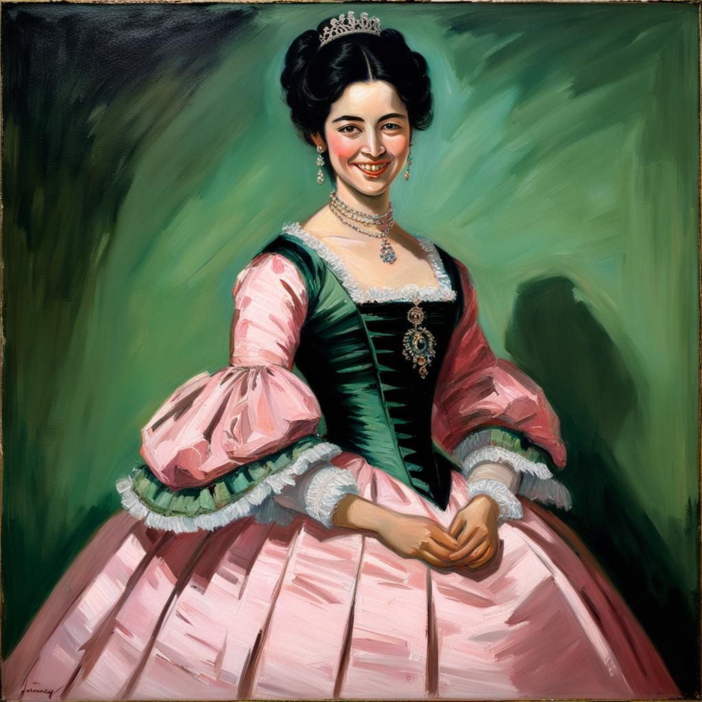 A woman smiling with Black hair, green eyes dressed in 1800’...