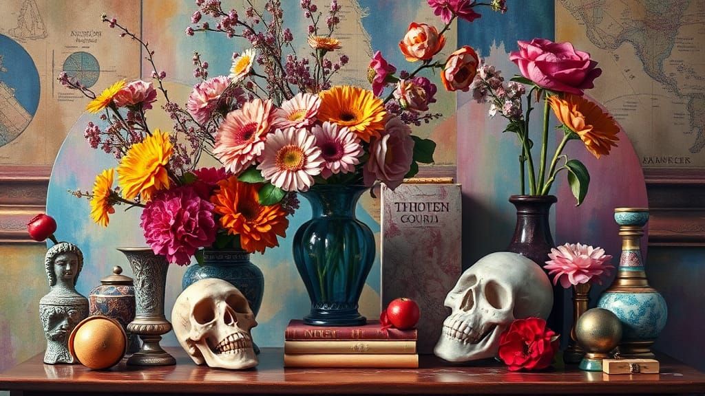 Hyperrealistic Vanitas Still Life with Flowers and Skull