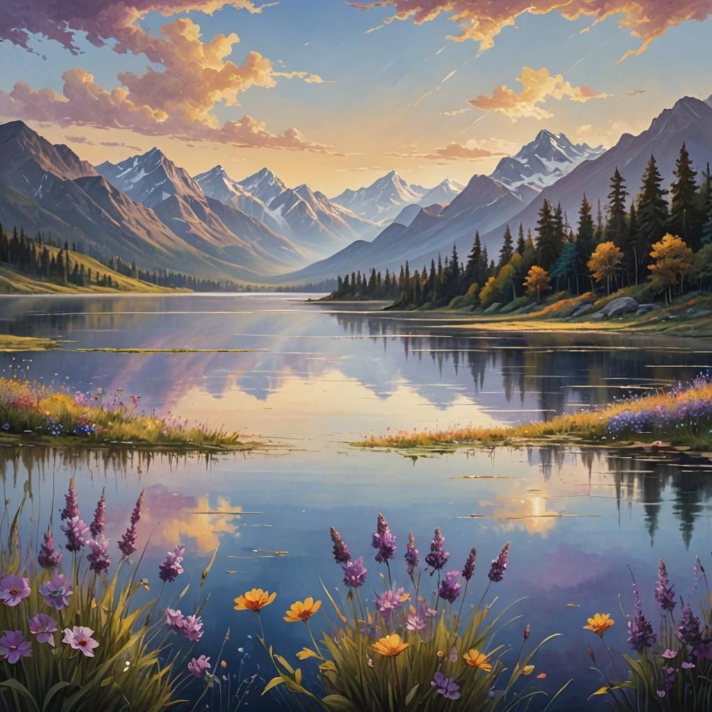 Tranquil Lake Reflecting Sky: Vibrant Oil Painting