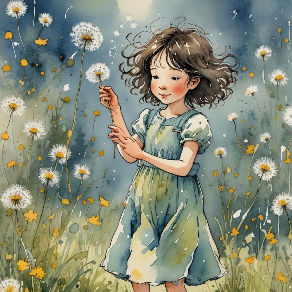 Girl with Dandelion in Watercolor Illustration