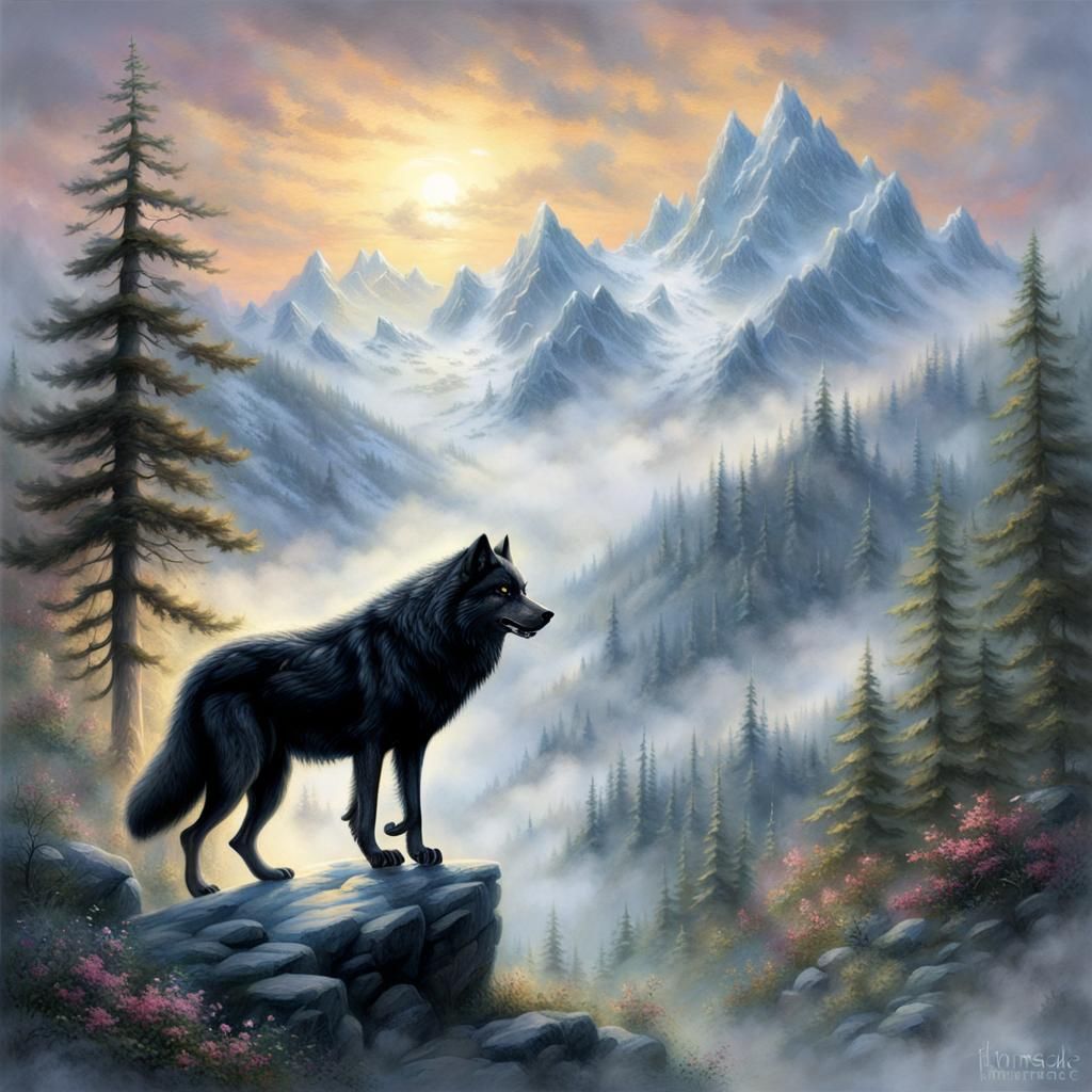 Ethereal Black Wolf on Misty Mountain