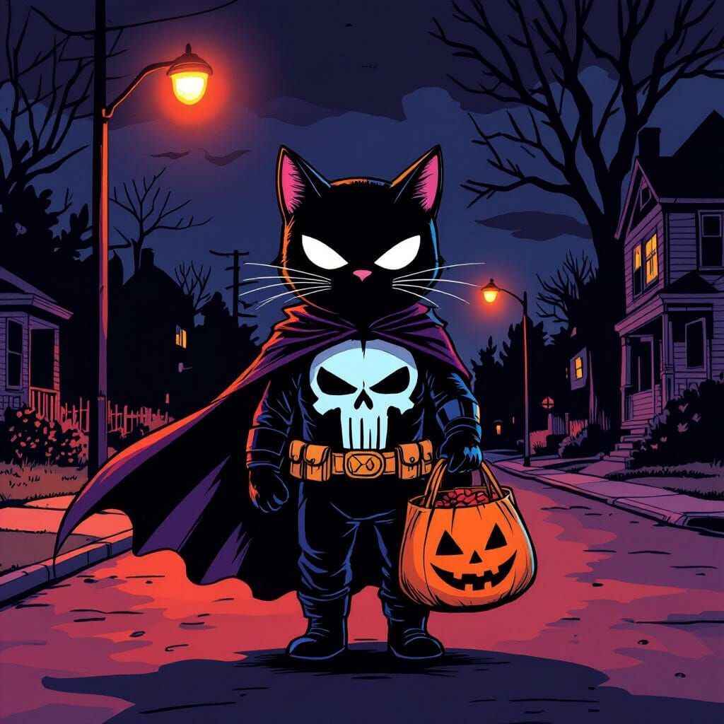 Black Cat Punisher Trick-or-Treating in Comic Style