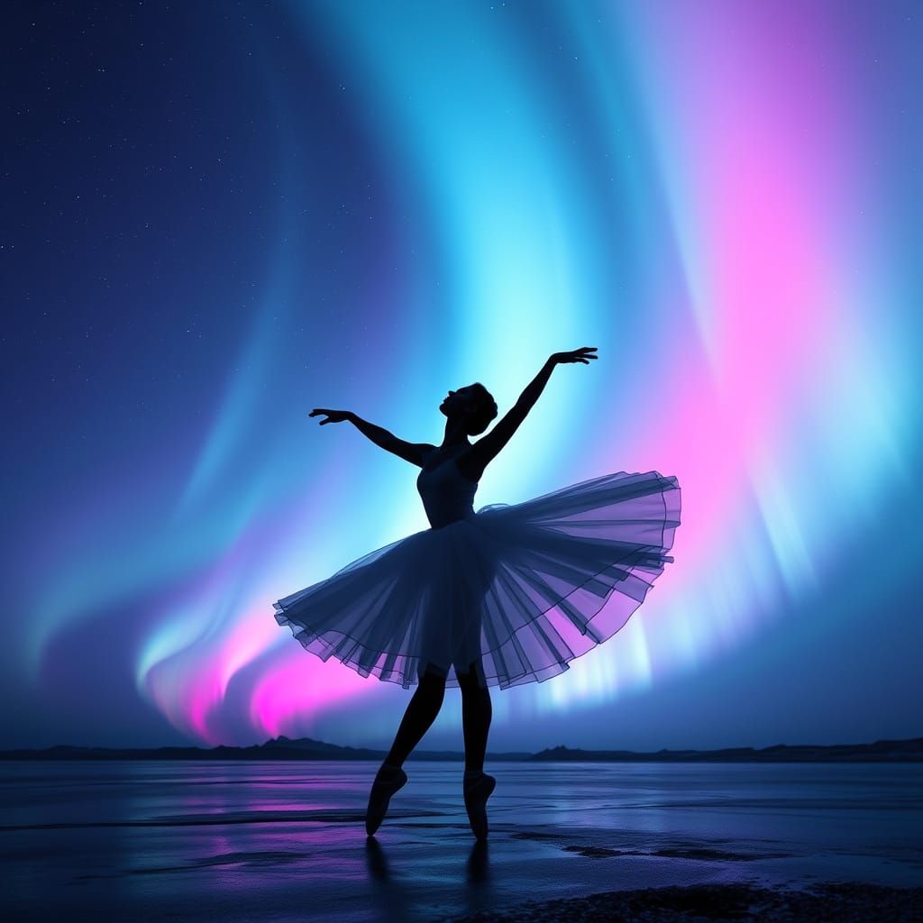 Ballet Dancer Silhouette with Aurora Borealis Light Trails