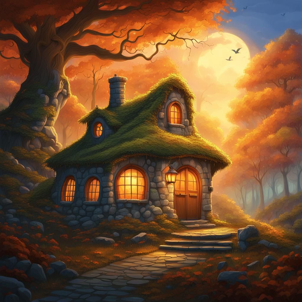 Fantasy Cottage in Woods: Detailed Matte Painting