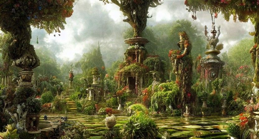 Lush Garden of Sinister Statues in Photorealistic Style